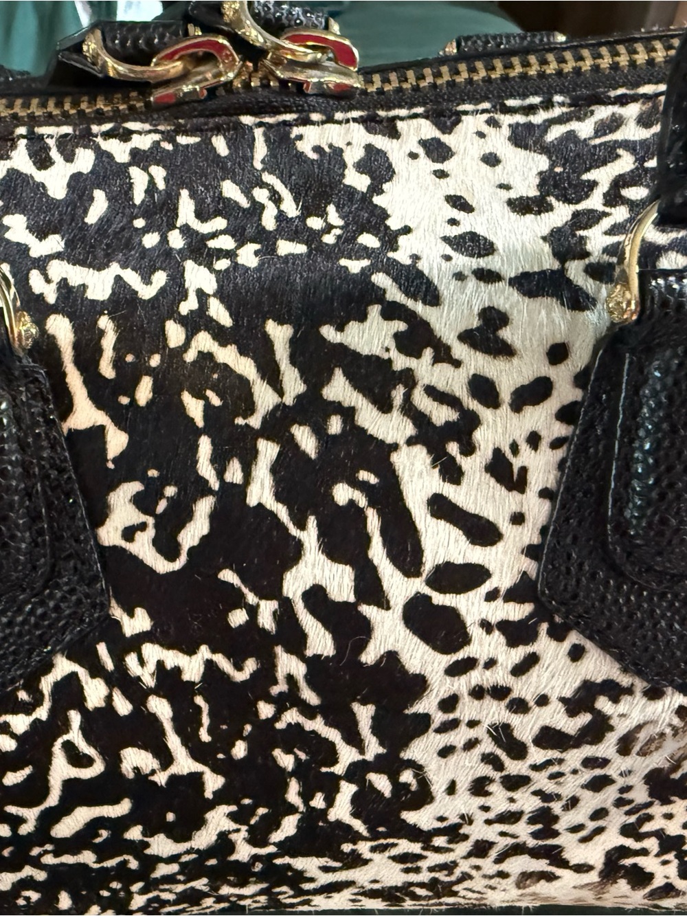 Black and White Cowhide-Print Satchel with Black Leather Trim - Picture 5 of 7
